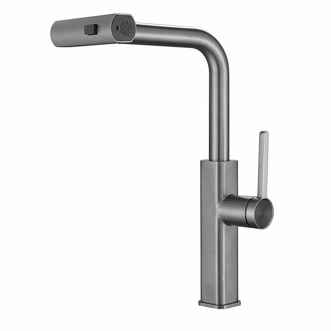 Rubinetto cucina estraibile con erogatore girevole 2 getti d’acqua miscelatore acciaio satinato - enzoled