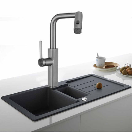 Rubinetto cucina estraibile con erogatore girevole 2 getti d’acqua miscelatore acciaio satinato - enzoled