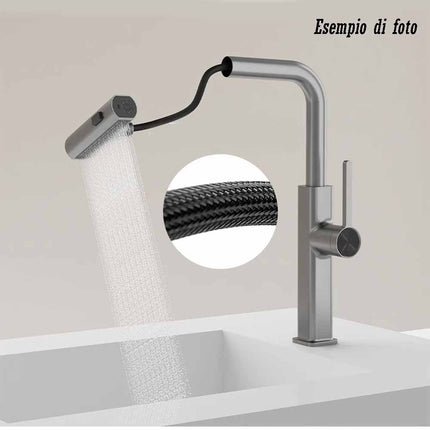 Rubinetto cucina estraibile con erogatore girevole 2 getti d’acqua miscelatore acciaio satinato - enzoled