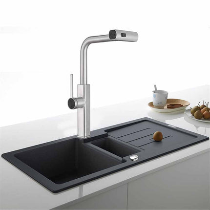 Rubinetto cucina estraibile con erogatore girevole 2 getti d’acqua miscelatore cromato lucido - enzoled