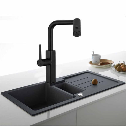Rubinetto cucina estraibile con erogatore girevole 2 getti d’acqua miscelatore nero - enzoled