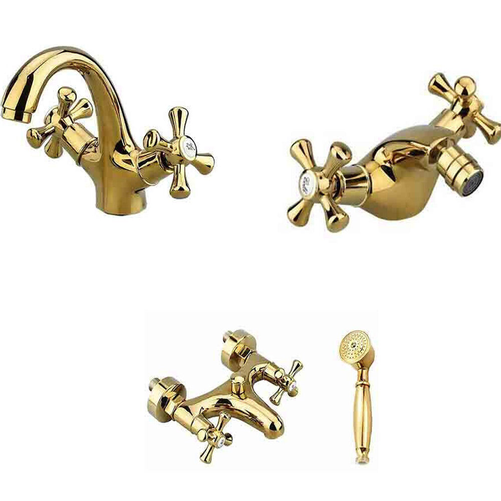 Rubinetto per bagno miscelatore doppio comando lavabo bidet vasca doccia in ottone oro lucido modello Roma - enzoled