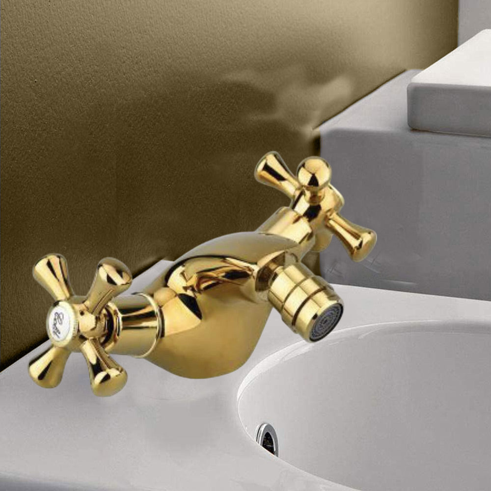 Rubinetto per bagno miscelatore doppio comando lavabo bidet vasca doccia in ottone oro lucido modello Roma - enzoled