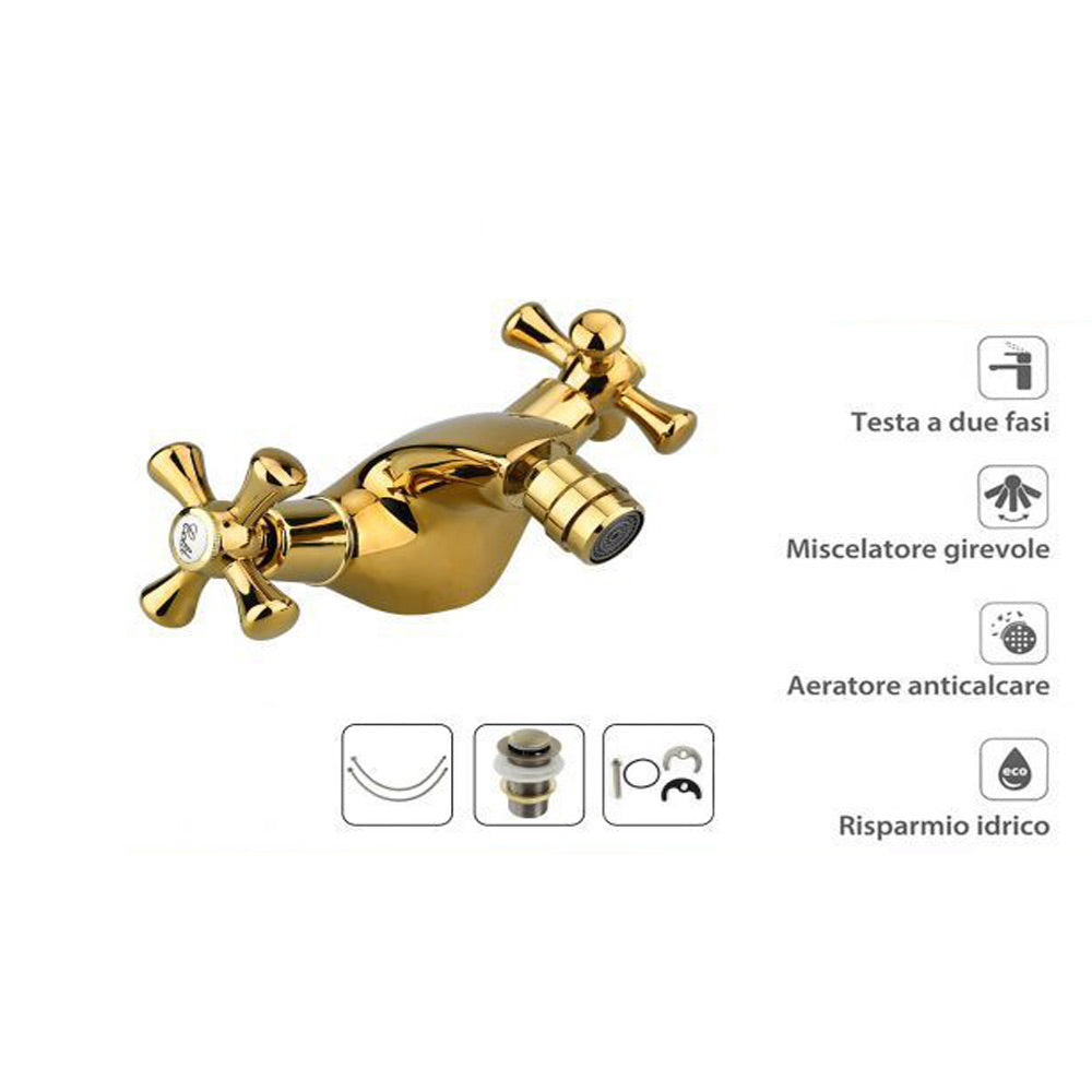 Rubinetto per bagno miscelatore doppio comando lavabo bidet vasca doccia in ottone oro lucido modello Roma - enzoled
