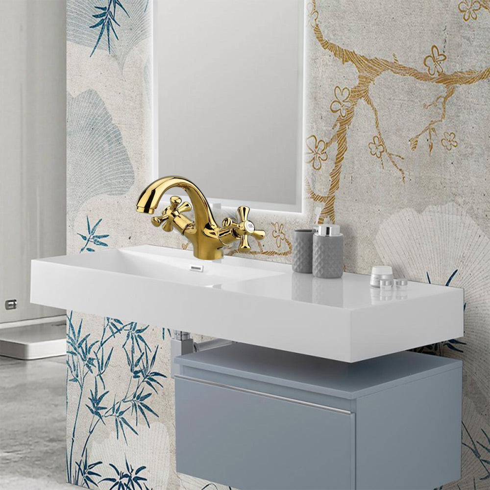 Rubinetto per bagno miscelatore doppio comando lavabo bidet vasca doccia in ottone oro lucido modello Roma - enzoled