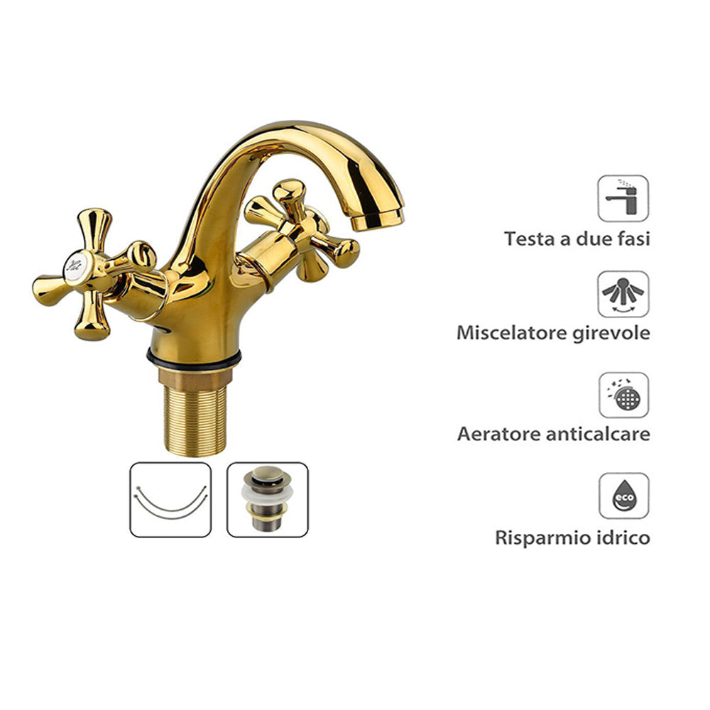 Rubinetto per bagno miscelatore doppio comando lavabo bidet vasca doccia in ottone oro lucido modello Roma - enzoled
