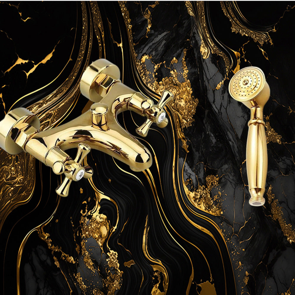 Rubinetto per bagno miscelatore doppio comando lavabo bidet vasca doccia in ottone oro lucido modello Roma - enzoled