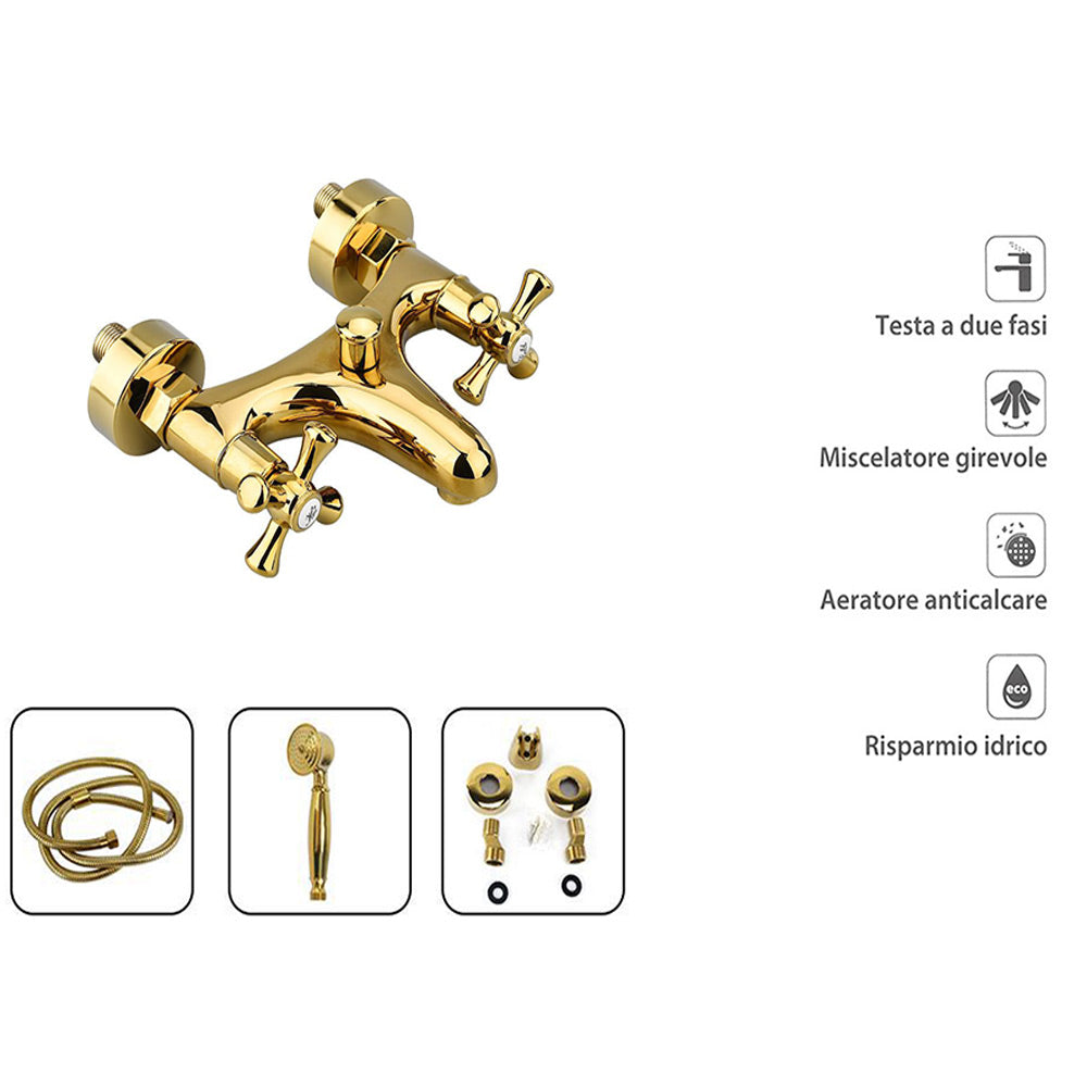Rubinetto per bagno miscelatore doppio comando lavabo bidet vasca doccia in ottone oro lucido modello Roma - enzoled