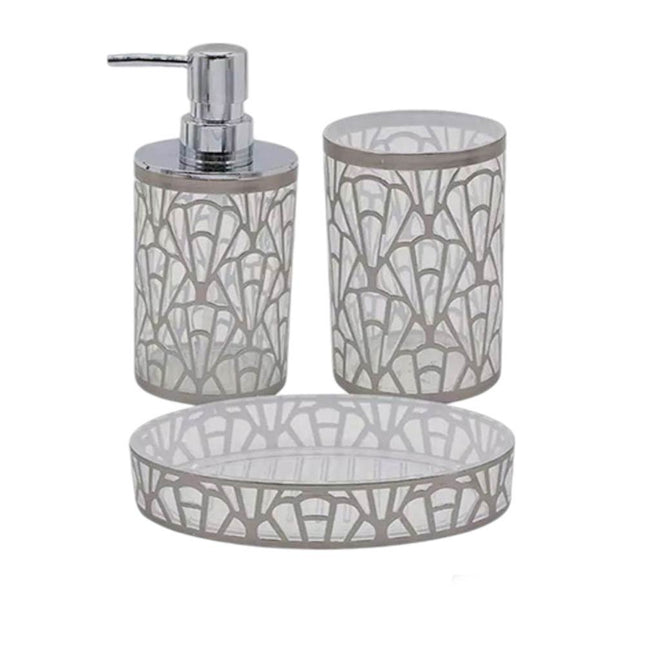 Set Accessori Bagno 3 Pezzi argento stile contemporaneo con Dispenser Sapone Bicchiere portaspazzolino piattino portasapone - enzoled