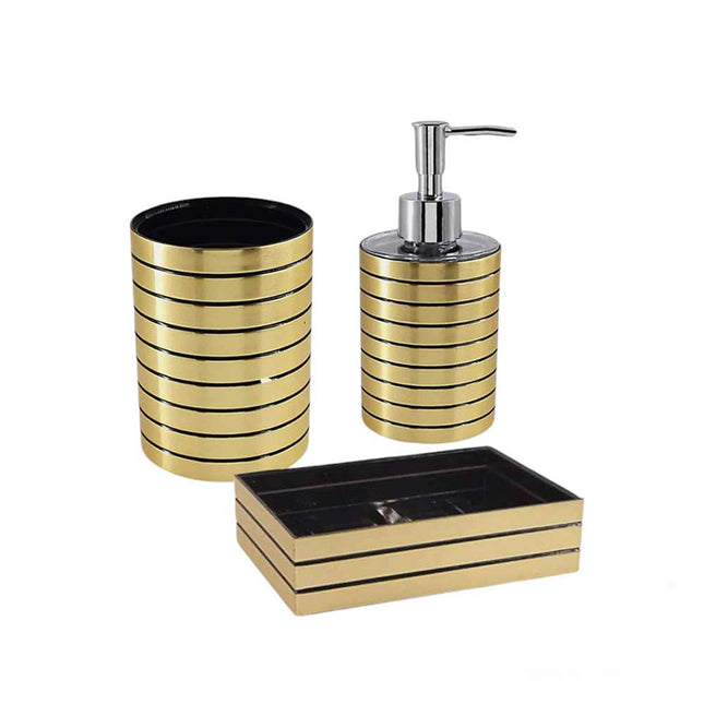 Set Accessori Bagno 3 Pezzi oro a righe con Dispenser Sapone Bicchiere portaspazzolino piattino portasapone arredo bagni - enzoled