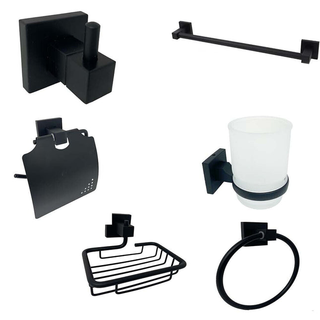 Set bagno moderno in acciaio nero vetro satinato 6 pezzi accessori bagno portasaponetta portarotolo spazzolini asciugamano - enzoled
