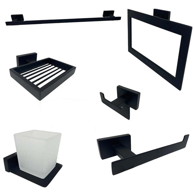 Set bagno moderno rettangolare in acciaio nero vetro satinato 6 pezzi accessori bagno portasaponetta portarotolo spazzolini asciugamano - enzoled
