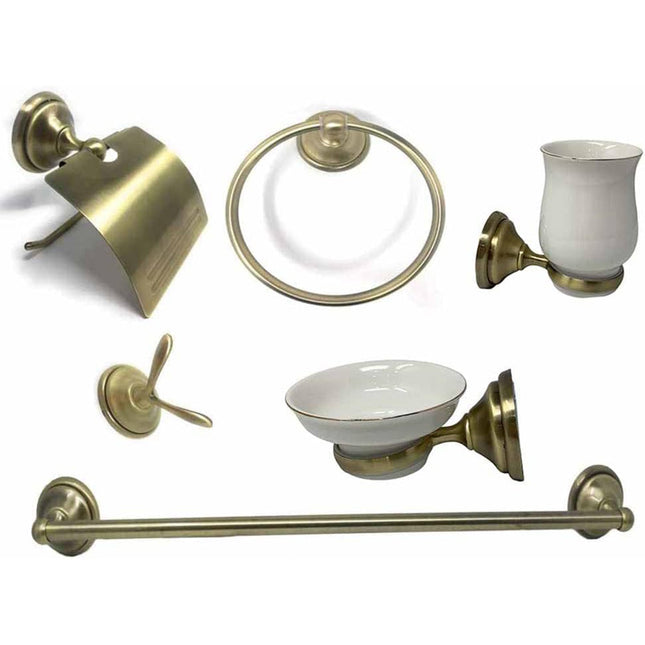 Set bagno classico in oro satinato e vetro 6 pezzi accessori arredo bagno con porta saponetta porta rotolo bicchiere spazzolini e portasciugamano - enzoled