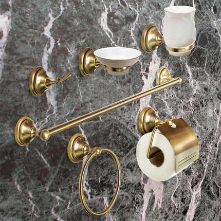 Set bagno classico in oro satinato e vetro 6 pezzi accessori arredo bagno con porta saponetta porta rotolo bicchiere spazzolini e portasciugamano - enzoled