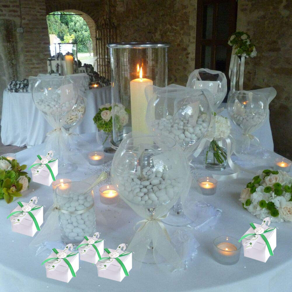12 Scatolina portaconfetti a Quadrata per promessa di Matrimonio bomboniere segnaposto in Tessuto Bianco e Verde - enzoled