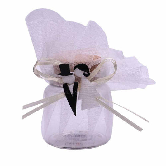 Barattolino portaconfetti in vetro con tappo in sughero velo bianco nastrino beige per matrimonio sposi 12 bomboniere segnaposto confettata - enzoled