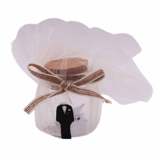 Barattolino portaconfetti in vetro con tappo in sughero velo bianco per matrimonio sposi 12 bomboniere segnaposto confettata - enzoled