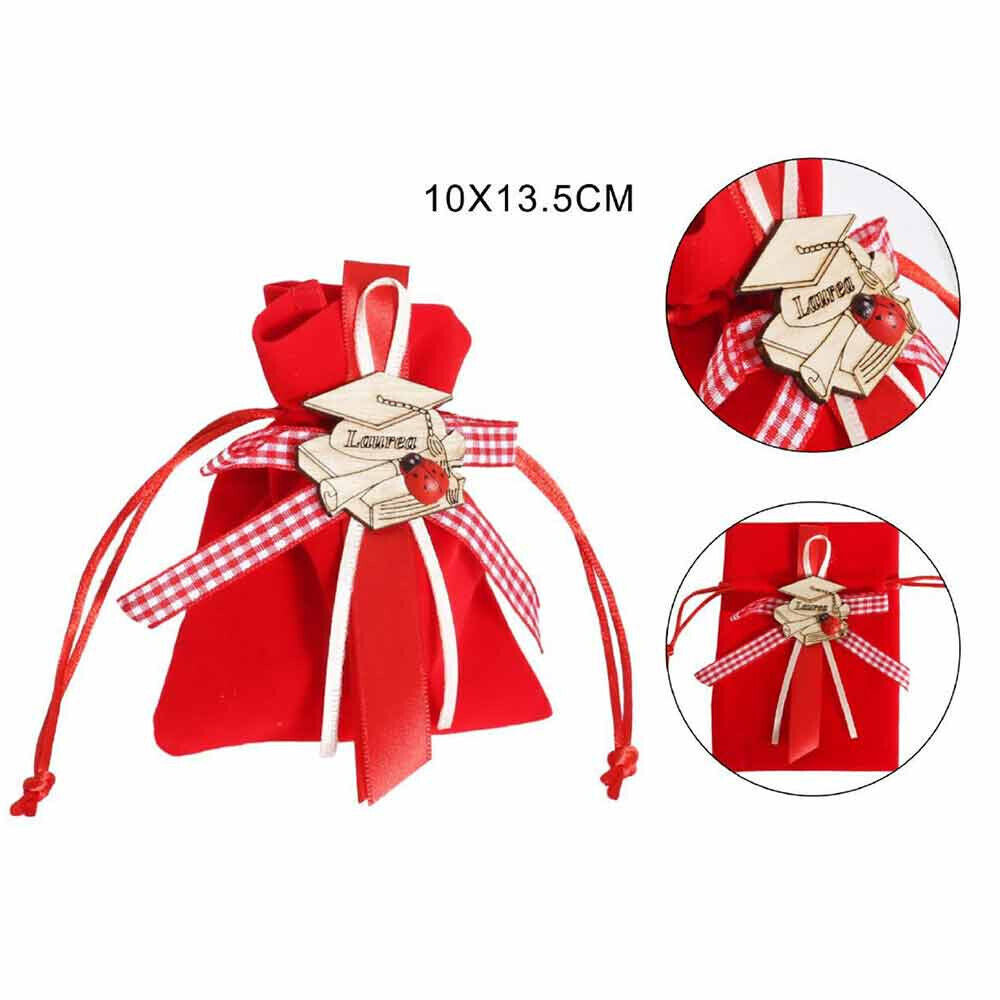 Bomboniera Sacchetto in velluto Porta Confetti per laurea rosso 12 Sacchetti decorati con tocco pergamena e nastro - enzoled