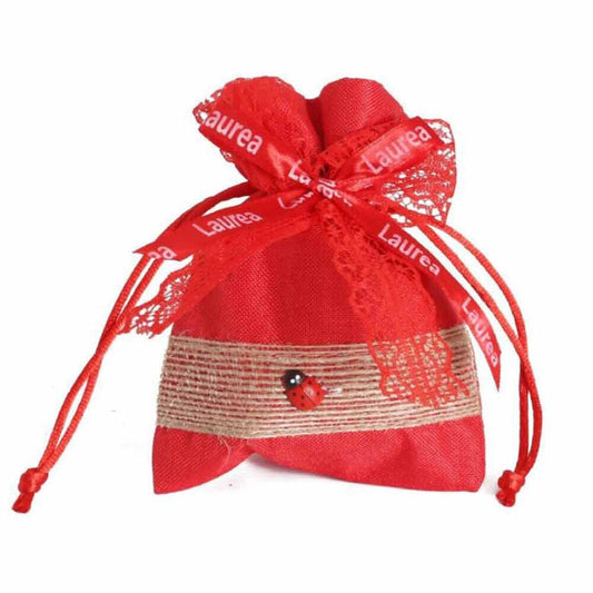 Bomboniera Sacchetto Porta Confetti per laurea rosso 12 Sacchetti decorati con coccinella e juta - enzoled