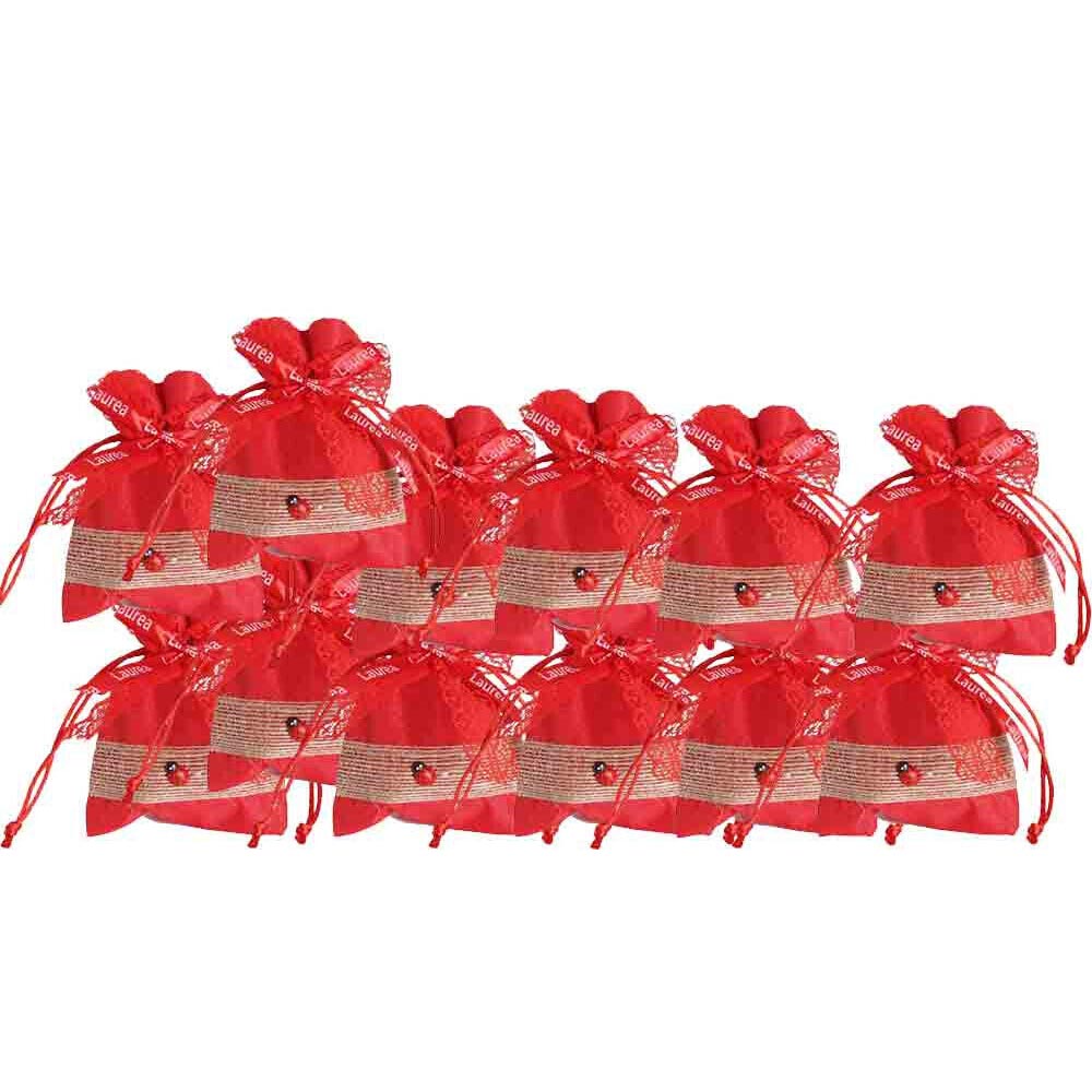 Bomboniera Sacchetto Porta Confetti per laurea rosso 12 Sacchetti decorati con coccinella e juta - enzoled