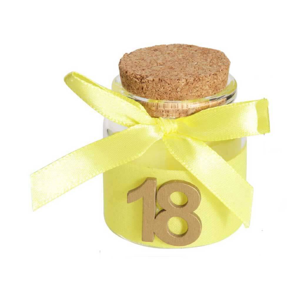 Bomboniera portaconfetti per 18 Anni 12 Pezzi barattoli in Vetro diciottesimo Compleanno Tappo in Sughero Decorato con Nastro di Raso - enzoled