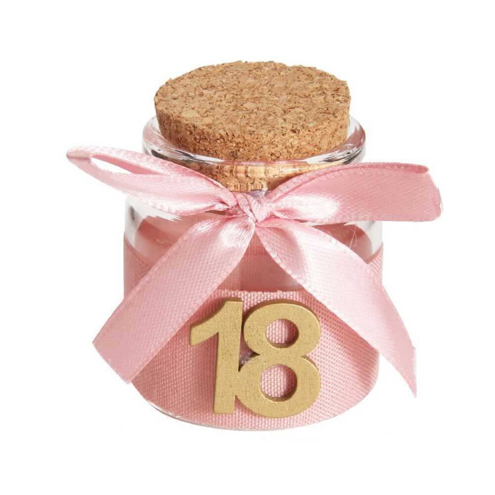 Bomboniera portaconfetti per 18 Anni 12 Pezzi barattoli in Vetro diciottesimo Compleanno Tappo in Sughero Decorato con Nastro di Raso - enzoled