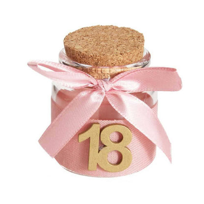 Bomboniera portaconfetti per 18 Anni 12 Pezzi barattoli in Vetro diciottesimo Compleanno Tappo in Sughero Decorato con Nastro di Raso - enzoled