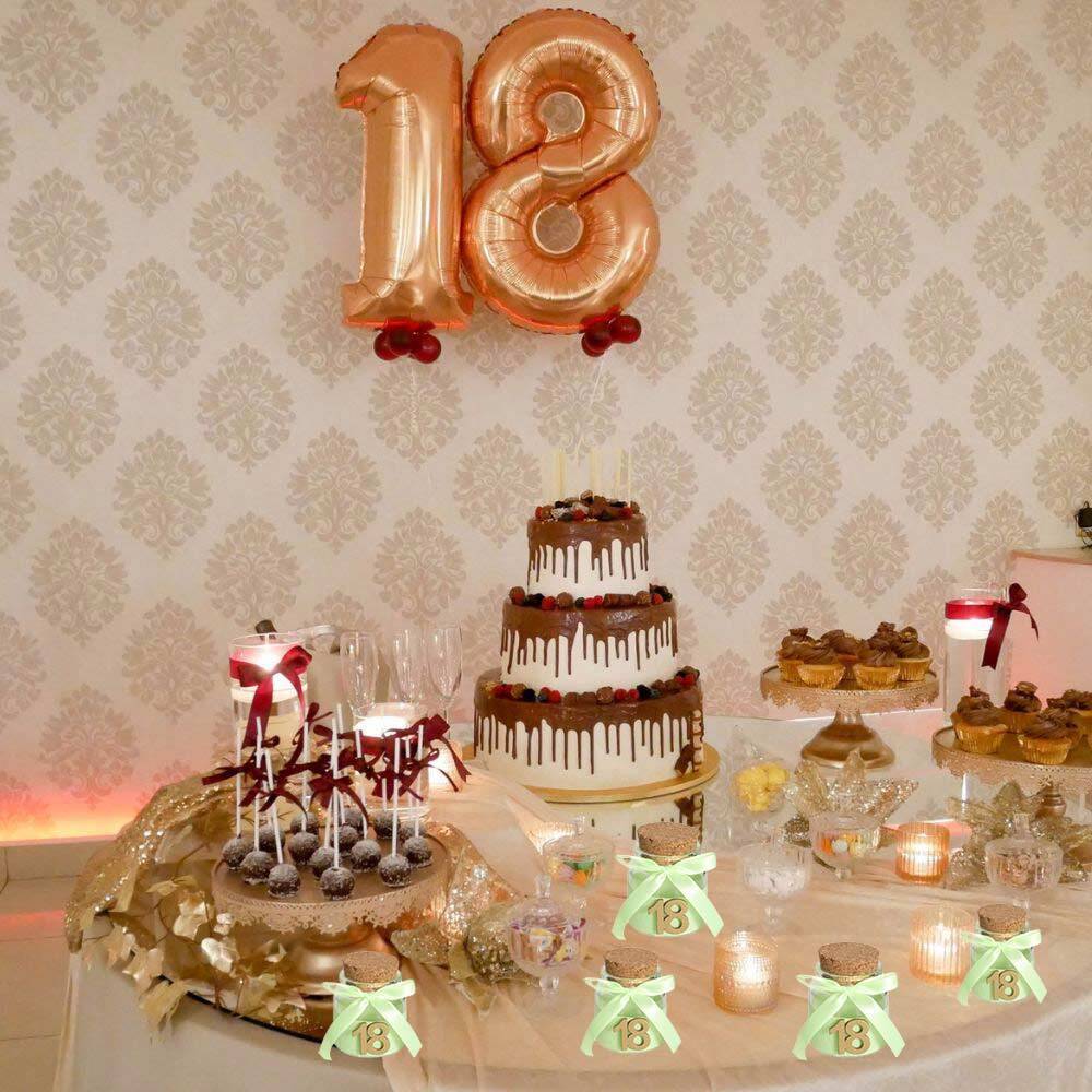 Bomboniera portaconfetti per 18 Anni 12 Pezzi barattoli in Vetro diciottesimo Compleanno Tappo in Sughero Decorato con Nastro di Raso - enzoled