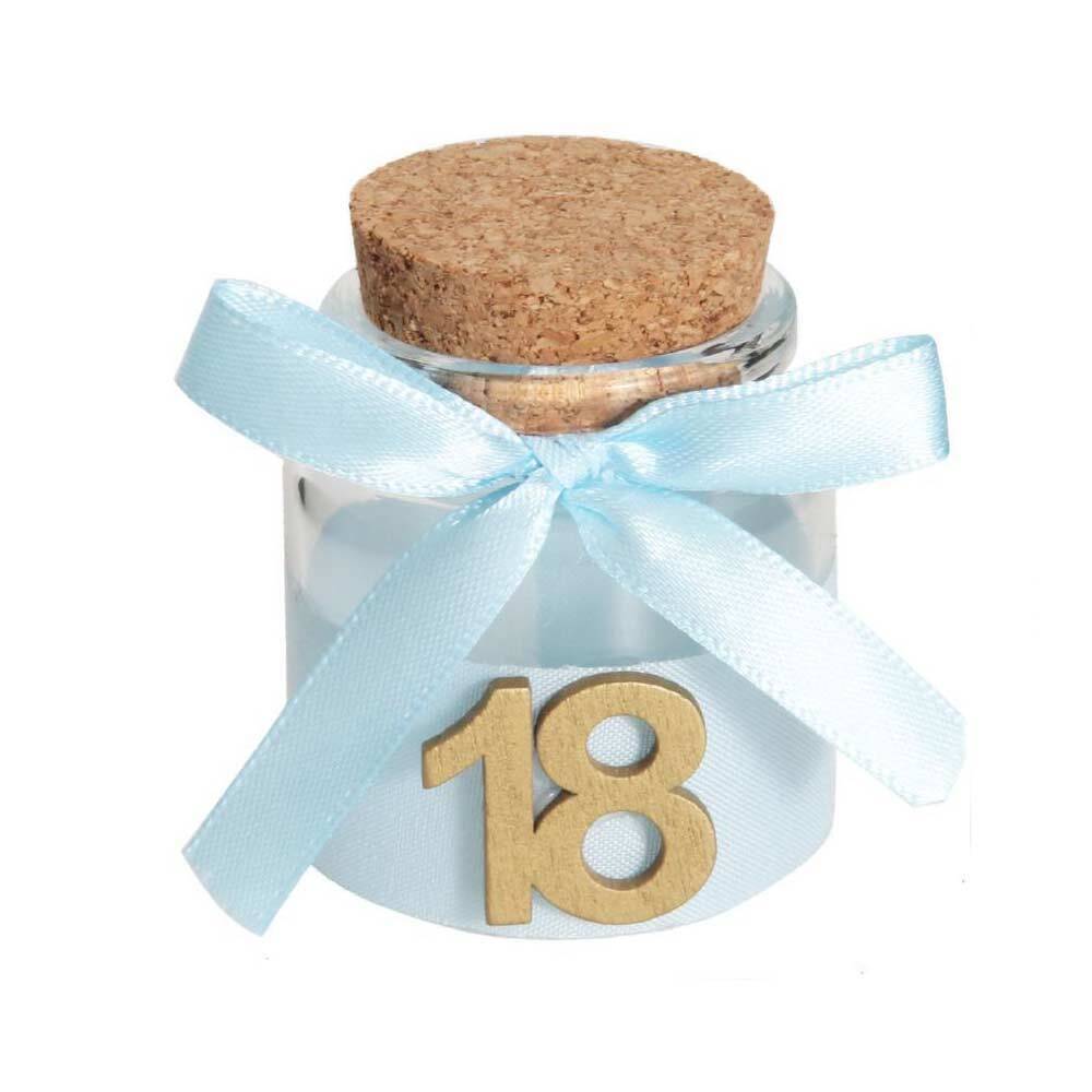 Bomboniera portaconfetti per 18 Anni 12 Pezzi barattoli in Vetro diciottesimo Compleanno Tappo in Sughero Decorato con Nastro di Raso - enzoled