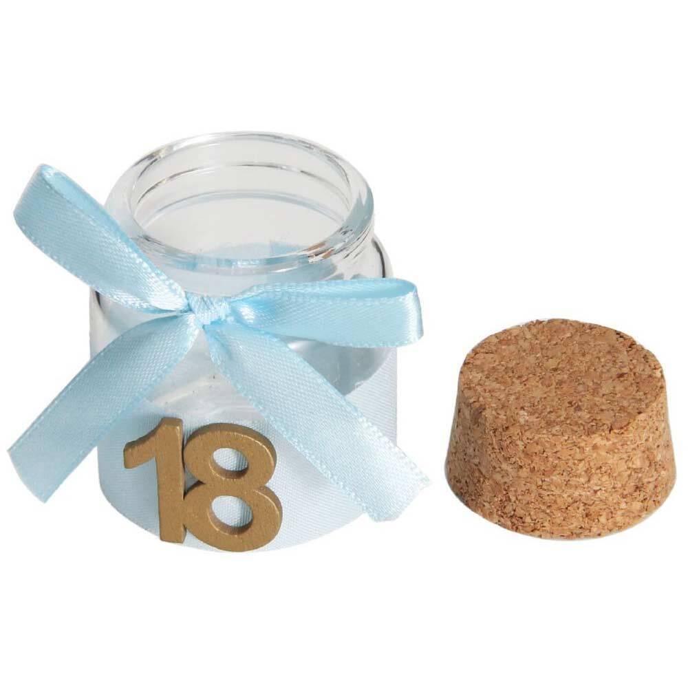 Bomboniera portaconfetti per 18 Anni 12 Pezzi barattoli in Vetro diciottesimo Compleanno Tappo in Sughero Decorato con Nastro di Raso - enzoled