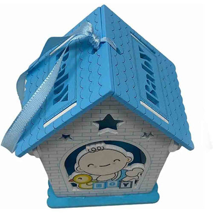 Set 12 bomboniera battesimo scatolina in legno portaconfetti a casetta per nascita bimbo con oca rosa e celeste - enzoled
