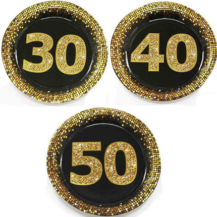 Set 28 piatti di carta per feste di compleanno 30 40 50 anni decorazioni per party nero e oro - enzoled