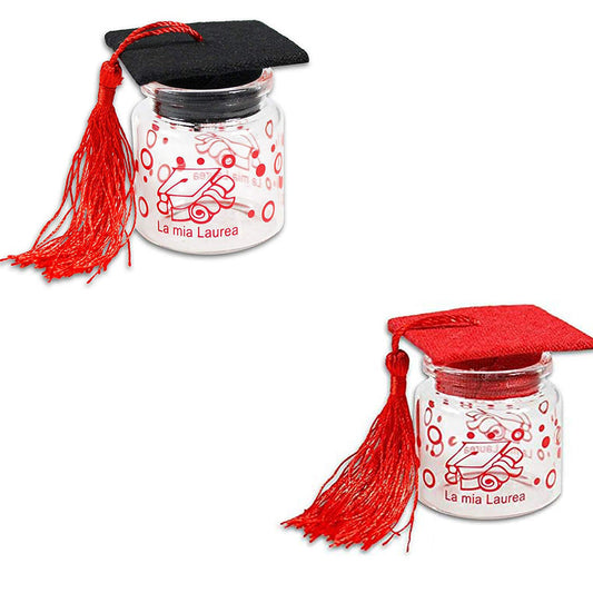 Bomboniere portaconfetti 12 pezzi per la laurea barattolo di vetro tappo di sughero tocco rosso e nero per laureati bomboniera - enzoled