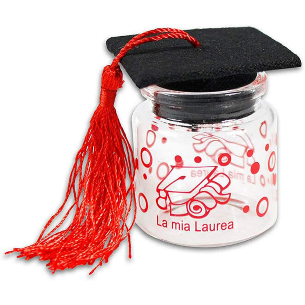 Bomboniere portaconfetti 12 pezzi per la laurea barattolo di vetro tappo di sughero tocco rosso e nero per laureati bomboniera - enzoled