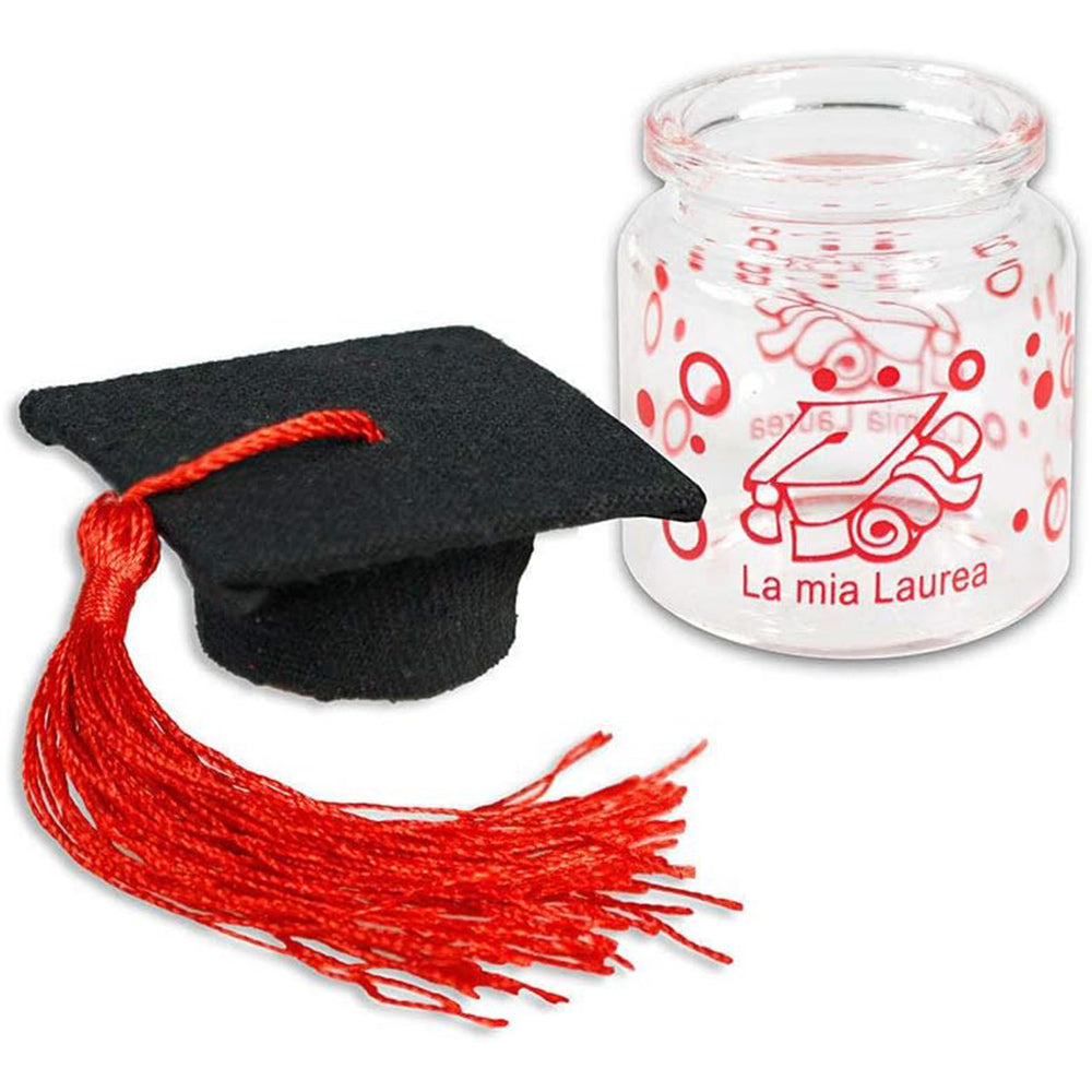 Bomboniere portaconfetti 12 pezzi per la laurea barattolo di vetro tappo di sughero tocco rosso e nero per laureati bomboniera - enzoled