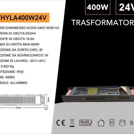 ALIMENTATORE SLIM METALLICO STABILIZZATO SWITCHING TRIMMER 220V-24V 16.6A 400 WATT COLORE NERO - enzoled