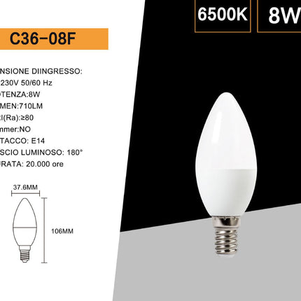 Lampadina led 8 watt candela oliva attacco E14 luce fredda 6500k calda 3000k naturale 4000k enzoled