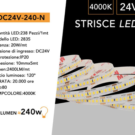 Strisce LED 24V 4000K (luce neutra) - 5m 240 LED/m, PVC nudo - Illuminazione ad alta densità enzoled