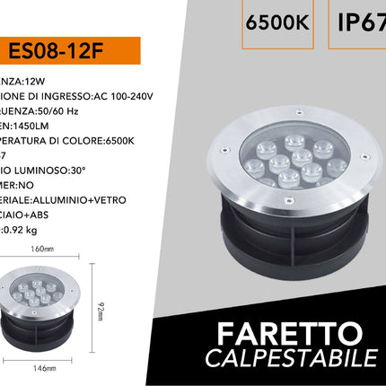 Luce da terra 12W 6500K IP67 - corpo in alluminio, vetro, acciaio e ABS, luce fredda per esterni enzoled