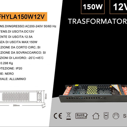 Alimentatore Slim 12V 12.5A 150W Stabilizzato Switching con Trimmer – Metallo Nero enzoled