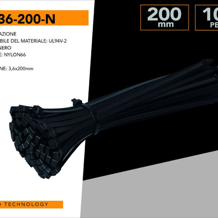 100 Fascette Serracavo Autobloccanti 3.6x200mm in Nylon Nero – Resistenti per Cablaggio e Fissaggi enzoled