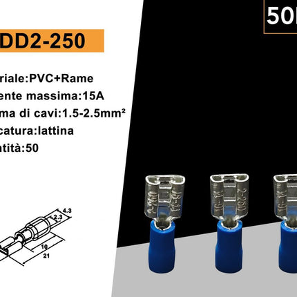 50 Terminali Capicorda Femmina FDD2-250 Blu per Cavi 1.5-2.5mm² – Connettori Elettrici Isolati enzoled
