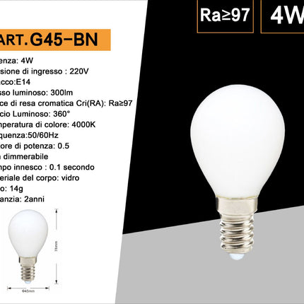 Lampadina a led filamento opaca 4 watt g45 attacco e14 sfera a luce fredda 6500k calda 2700k naturale 4000K enzoled