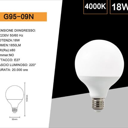 Lampadina led a sfera 18 watt attacco e27 lampada basso consumo G95 luce fredda 6500k calda 3000k naturale 4000k enzoled