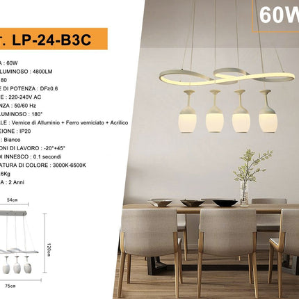 Lampadario Soffitto 68W 3000K-6500K, Vetro Alluminio Ferro Acrilico - Illuminazione Bianca enzoled
