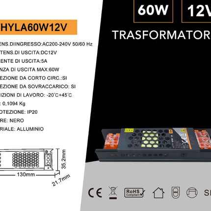 ALIMENTATORE SLIM METALLICO STABILIZZATO SWITCHING TRIMMER 220V DC12V 5A 60 WATT COLORE NERO - enzoled
