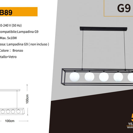Lampadario a sospensione contemporaneo nero con 5 sfere in vetro per soggiorno camera da pranzo lampada da soffitto attacco G9 enzoled
