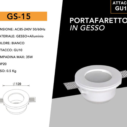 Portafaretto da incasso in gesso a scomparsa tondo con vetrino supporto per faretti gu10 e mr16 Ø foro 125 mm enzoled