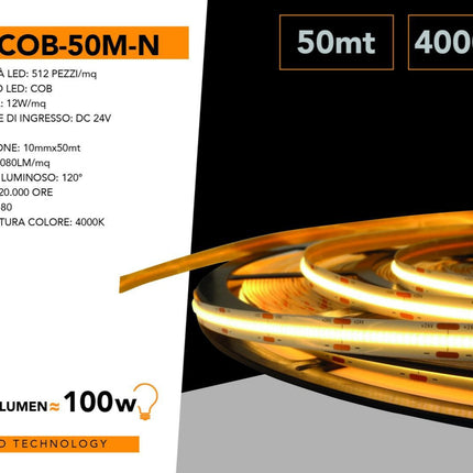 Striscia led COB strip bobina 50 metri 24 volt led smd 600 watt illuminazione per interni soggiorno cucina camera da letto enzoled