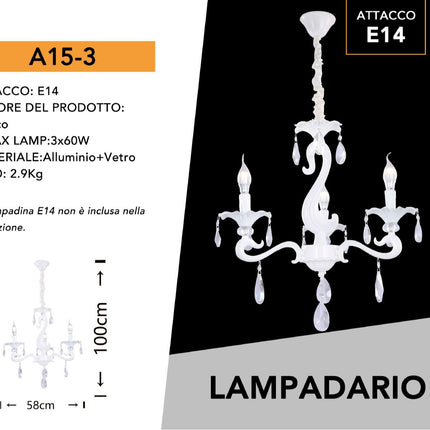 Lampadario da soffitto a 3 5 e 8 bracci a sospensione bianco con cristalli pendenti retrò classico attacco e14 enzoled